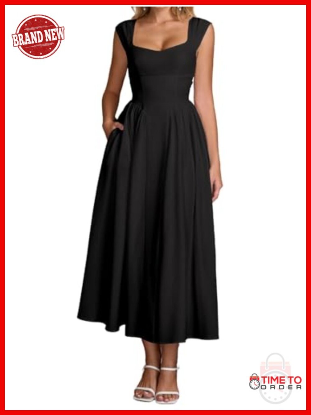 Sleeveless Square Neck A-Line Midi Dress with Pockets